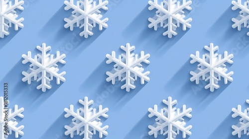 Christmas 3D snowflake seamless pattern—white geometric snowflakes with soft shadows on light blue background. Festive winter design suitable as wallpaper, poster or card for holiday celebrations 