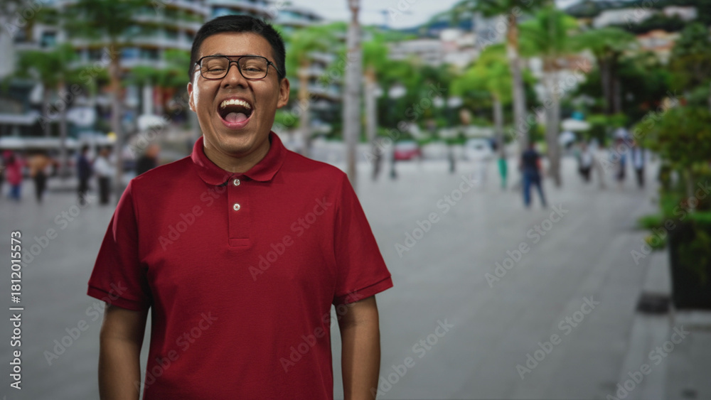 Fototapeta premium Man laughing with mouth open on a street wearing red polo and glasses, facing camera; joy confidence.