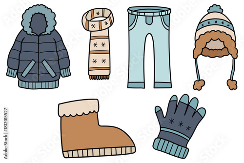 Hand-drawn cartoon set of winter warm clothing on a white background. Jacket, scarf, jeans, hat, boot, glove.