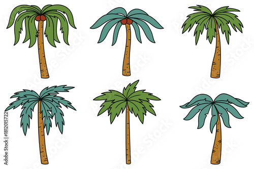 Hand-drawn cartoon set of palm trees on a white background.