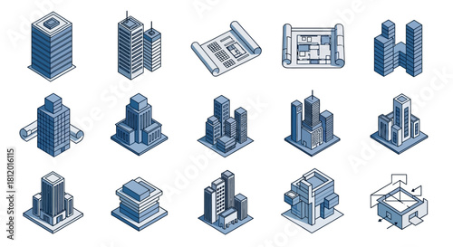 Isometric architectural blueprints and modern skyscraper building designs.
