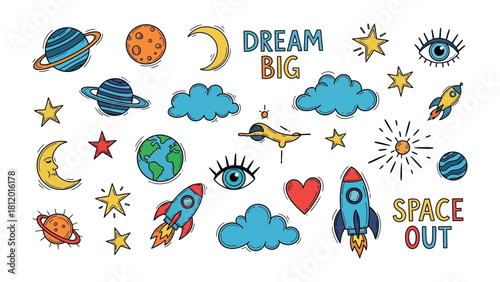 Celestial Dreamscape: A captivating collection of cosmic elements and inspirational phrases, inviting viewers to explore the vastness of space and embrace the power of dreams.