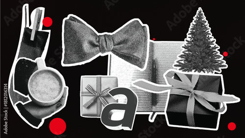 Christmas Halftone Collage Sticker Pack Black White Red Holiday Elements Vector Set,christmas decorations on white background