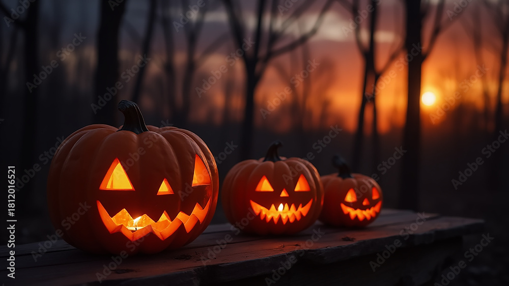 Obraz premium Halloween Jack O Lantern Pumpkins Glowing Sunset Spooky Atmosphere