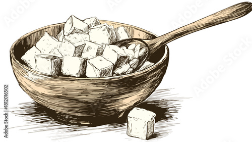 Cubes of Rice in Bowl with Wooden Spoon Drawing for Food Concept