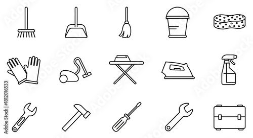 Line Art Cleaning and Repair Tools - Broom, Dustpan, Bucket, Sponge, Gloves, Vacuum, Ironing Board, Iron, Spray, Wrench, Hammer, Screwdriver, Toolbox.
