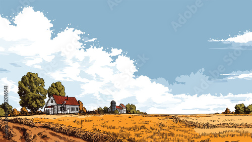 Serene Farm Landscape with Distant Farmhouse and Vector Outline