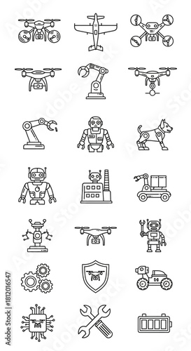 Monochrome line art icon set of robots, drones, AI, and automated industrial technology.