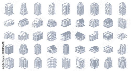 Isometric Architectural Building Set - Diverse Collection of Modern City Structures in Gray Tones.