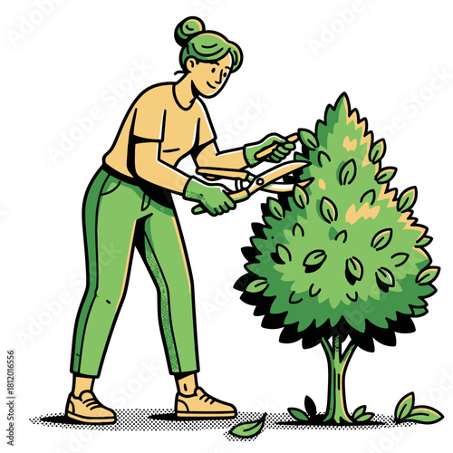 Female horticulturist or gardener pruning a bush with large hedge shears, illustrating plant care, maintenance, and gardening, vector illustration