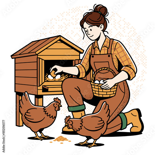 Smiling poultry farmer collecting fresh eggs from a wooden hen house into a basket, with chickens walking in the foreground, vector illustration