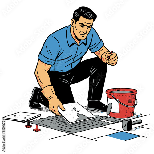 Tile Setter Laying Ceramic Floor Tiles with Mortar and Trowel, Construction Worker Installing Flooring, Vector Illustration of Building Trade and Home Renovation Service