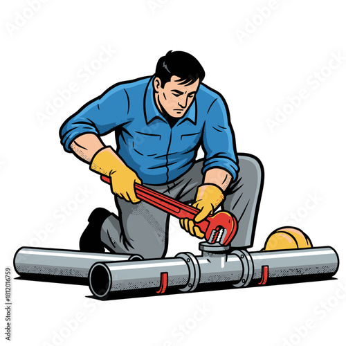 Pipe Fitter Worker Securing Metal Piping Connection with Large Wrench, Professional Industrial Technician, Vector Illustration of Engineering Trade and Installation Service