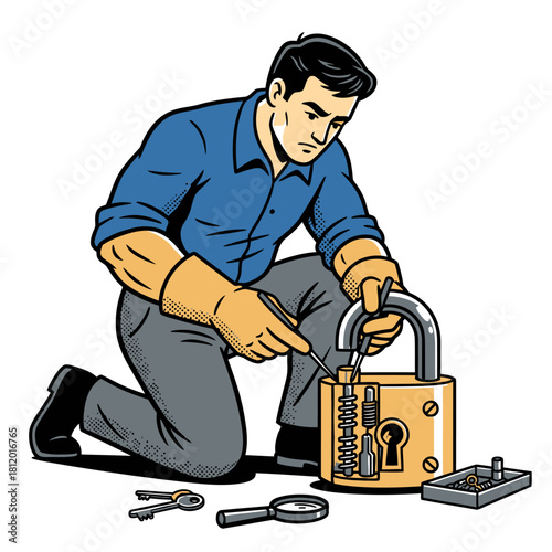 Locksmith Repairing Padlock Mechanism with Small Tools, Man Fixing Security Lock Components, Vector Illustration of Trade Service and Professional Repair