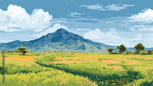 Rice Field with Mountain Background Vector - Serene Landscape Image