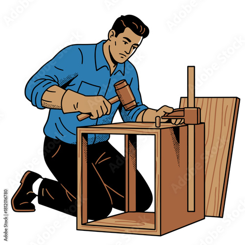 Cabinet Maker Working on Wooden Furniture Assembly with Mallet, Carpenter Jointing Wood Frame, Vector Illustration of Trade Craftsmanship and Home Renovation