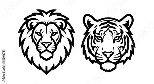 Lion and Tiger Heads Vector Illustration, Black and White, Bold Outline.