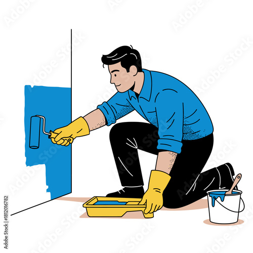 Professional Wall Painter Applying Blue Paint with Roller and Tray, Man Renovating Interior Room, Vector Illustration of Home Improvement Trade and Service