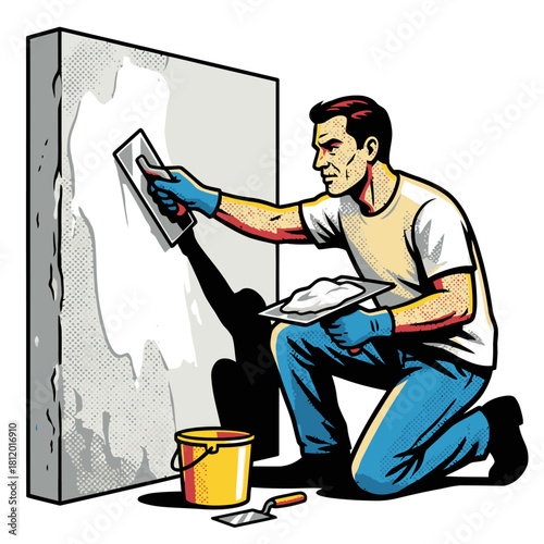 Plasterer Applying Wet Plaster or Skim Coat to Wall, Construction Worker Smoothing Interior Surface with Trowel, Vector Illustration of Finishing Trade and Renovation