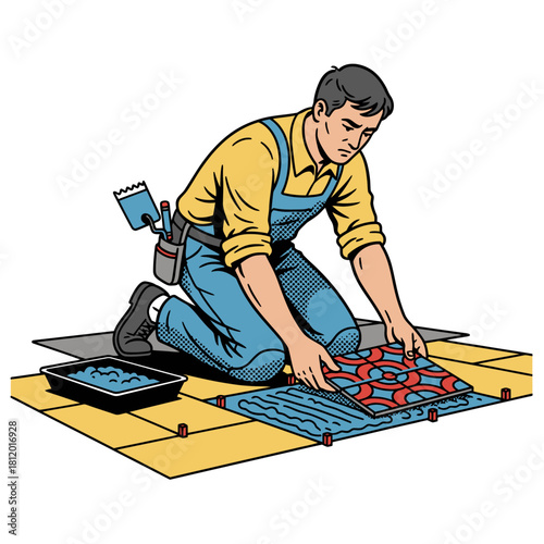 Tiler Laying Decorative Ceramic Floor Tiles with Mortar and Spacer, Construction Worker Installing New Flooring, Vector Illustration of Home Renovation Trade and Skill