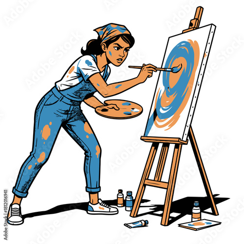 Female Artist Concentrated on Painting Abstract Canvas on Easel, Woman Painter Creating Modern Artwork with Brush and Palette, Vector Illustration of Creative Hobby and Art