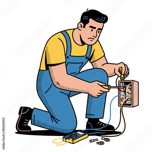 Electrician Working on Wiring Circuit Breaker Box, Professional Technician Repairing Electricity Panel, Vector Illustration of Trade Service and Installation