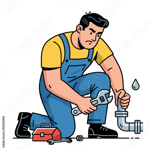 Plumber Repairing Leaking Pipe with Adjustable Wrench, Professional Maintenance Worker Fixing Plumbing Issue, Vector Illustration of Trade Service and Home Repair