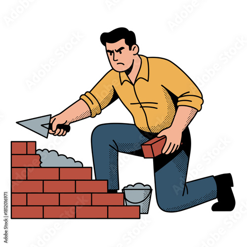 Bricklayer Building Wall with Mortar and Trowel, Construction Worker Laying Bricks, Vector Illustration of Building Trade and Manual Labor Industry