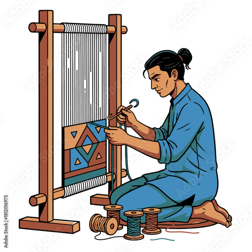 Artisan Rug Maker Weaving Traditional Pattern on Vertical Loom, Man Crafting Handmade Carpet or Tapestry, Vector Illustration of Cultural Textile Industry and Skill
