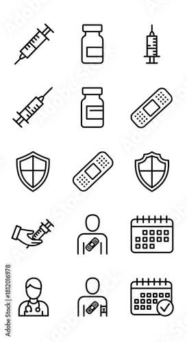 Medical Icons Set - Syringes, Bottles, Bandages, Shields, Doctor, Calendar, Vaccination, Protection.