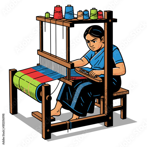 Woman Handloom Weaver Creating Colorful Fabric on Wooden Loom, Artisan Crafting Traditional Textile, Vector Illustration of Manual Manufacturing and Cultural Industry