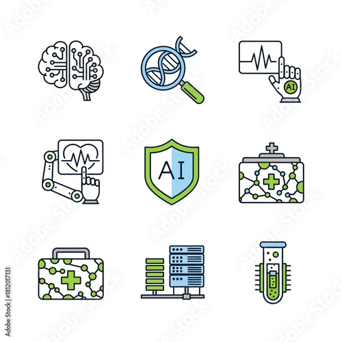 Medical Technology Icons - Brain, DNA, Heartbeat, AI Shield, Server, Test Tube, and Medical Kit.