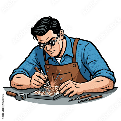 Skilled Metal Engraver Working on Etching Plate, Artisan Crafting Detailed Design with Tools and Magnifying Glasses, Vector Illustration of Traditional Industry and Hobby