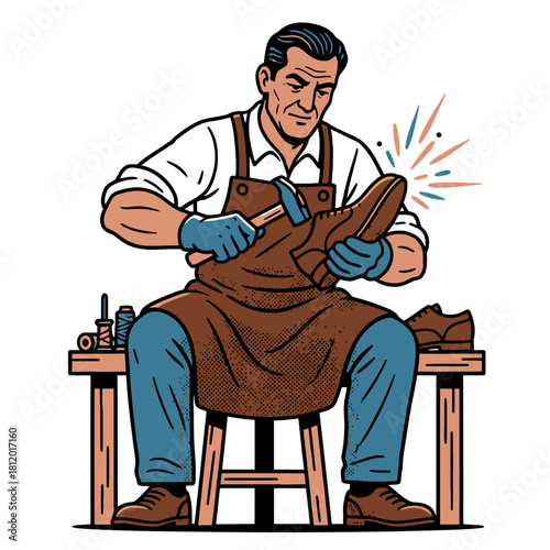 Traditional Shoemaker Working on Handmade Leather Shoe, Artisan Cobbler Repairing Footwear with Hammer, Vector Illustration of Vintage Craft and Manufacturing Industry