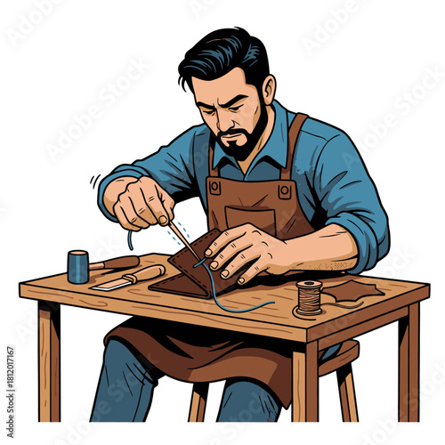 Leather Crafting Man Working on Leather Goods, Artisan Stitching Material by Hand, Vector Illustration of Traditional Handmade Hobby and Industry