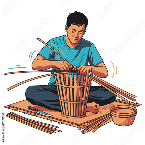 Vector Illustration of Bamboo Craftsman Weaving Basket, Traditional Artisan Man Working with Wicker and Natural Materials