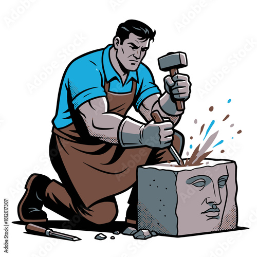 Vector Illustration of Stone Carver Sculpting Figure with Mallet and Chisel, Artisan Man Working on Stone Block Monument