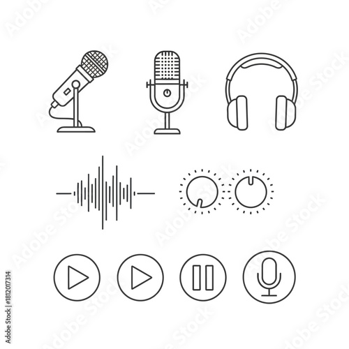 Minimalist Audio Recording and Playback Line Icons Set with Microphones, Headphones, Waveform, and Control Buttons.