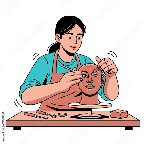 Vector Illustration of Female Clay Sculptor Creating Bust, Woman Artisan Working on Clay Head Figure with Sculpting Tools
