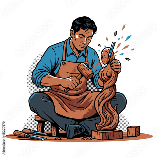 Vector Illustration of Wood Carver Sculpting Statue with Mallet and Chisel, Traditional Artisan Working on Wood Carving Craft