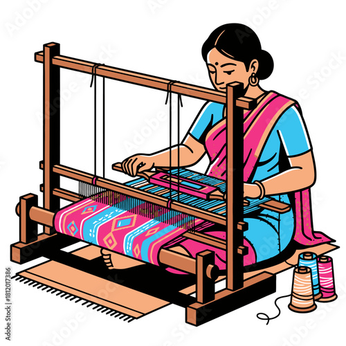 Vector Illustration of Traditional Textile Artisan Weaving Saree on Wooden Loom, Indian Woman Making Handmade Fabric