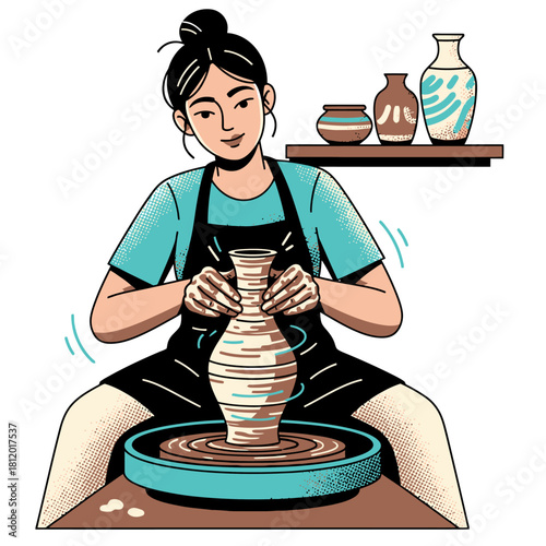 Vector Illustration of Female Potter Shaping Clay on Spinning Wheel, Artisan Woman Making Ceramic Vase in Workshop