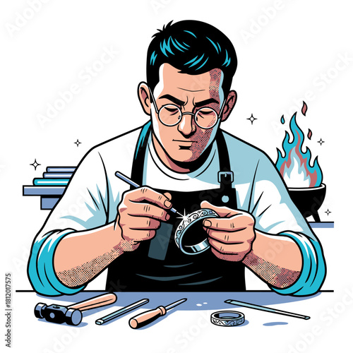 Pop Art Vector Illustration of Silversmith Engraving Silver Bracelet, Retro Comic Style Jeweler with Tools and Apron in Workshop