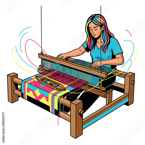 Pop Art Vector Illustration of Woman Weaving on Wooden Loom, Retro Comic Style Artisan Creating Colorful Textile with Yarn