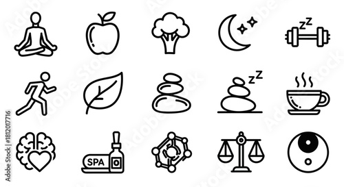 Minimalist Black Line Art Health and Wellness Icons Set for Balanced Lifestyle and Well-being.