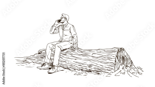 Man Sitting on Log Talking on Cell Phone Vector Illustration