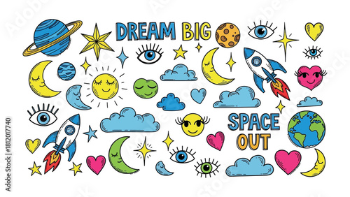 Celestial Dreams and Cosmic Visions: A whimsical arrangement of hand-drawn celestial and space-themed elements invites viewers to explore the vastness of imagination. Dream big and space out.