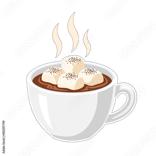 Hot cocoa mug with marshmallows and steam on white background  