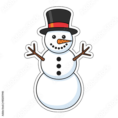 Snowman with a top hat and carrot nose standing cheerfully for winter  
