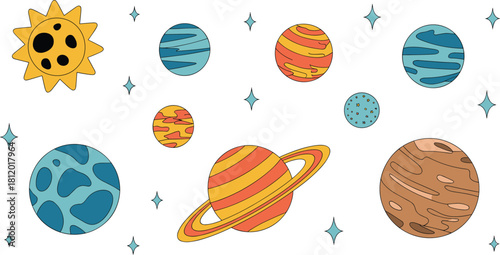 Colorful vector illustration of solar system planets and sun, educational space design for astronomy learning, science and universe exploration
